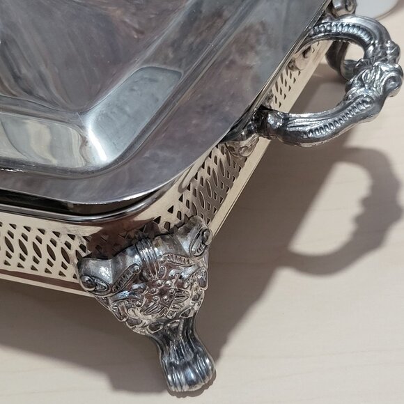 Silver Plated Rectangular Chafing Dish Glass Insert Decorative Scrollwork Accent - Picture 10 of 11